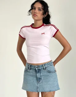 Motel Rocks Basic Tops | Tees-Salda Top in Light Pink with Adrenaline Red Binding and Bow Embroidery LightPinkwithAdrenalineRedBindingandBowEmbroidery