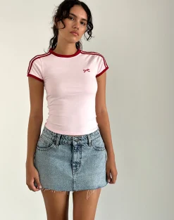 Motel Rocks Basic Tops | Tees-Salda Top in Light Pink with Adrenaline Red Binding and Bow Embroidery LightPinkwithAdrenalineRedBindingandBowEmbroidery