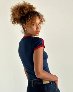 Motel Rocks Basic Tops-Salda Top in Navy with Adrenaline Red Binding and Logo NavywithAdrenalineRedBindingandLogo