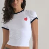 Motel Rocks Basic Tops | Printed Tops-Salida Top in White with Navy Binding and Apple Motif WhiteNavyBindingRedApplePrint