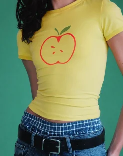 Motel Rocks Printed Tops | Tees-Salida Top in Yellow with Apple Motif YellowwithAppleMotif