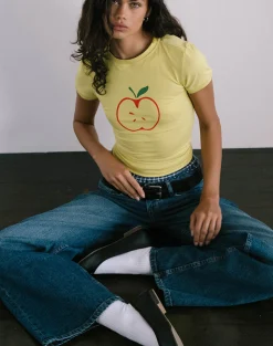 Motel Rocks Printed Tops | Tees-Salida Top in Yellow with Apple Motif YellowwithAppleMotif