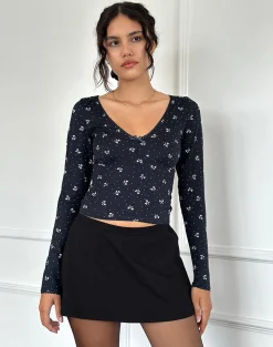 Motel Rocks Printed Tops | Long Sleeve Tops-Salisa Top in Navy with Mini Bow Design