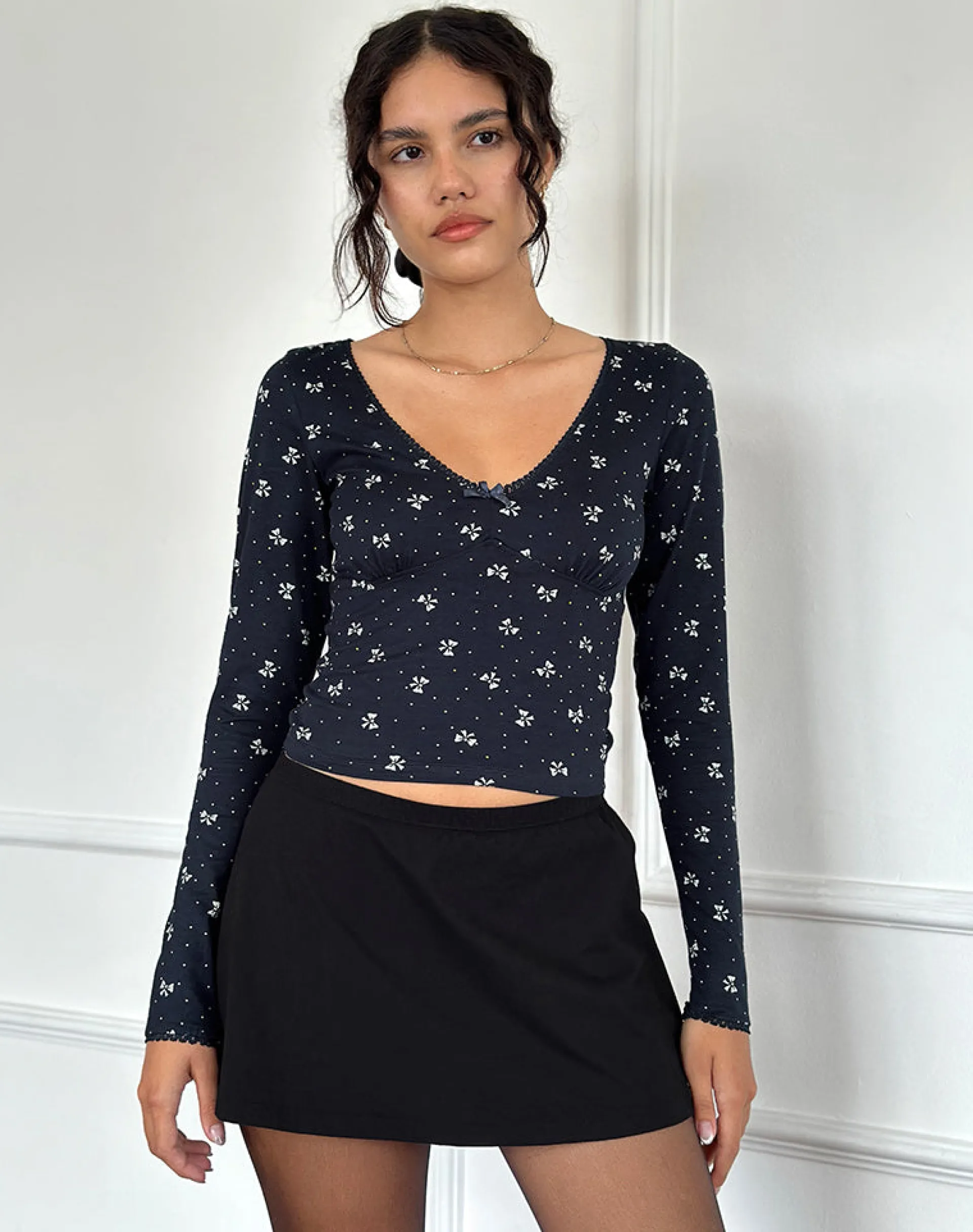 Motel Rocks Printed Tops | Long Sleeve Tops-Salisa Top in Navy with Mini Bow Design