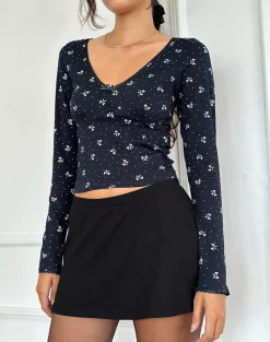 Motel Rocks Printed Tops | Long Sleeve Tops-Salisa Top in Navy with Mini Bow Design