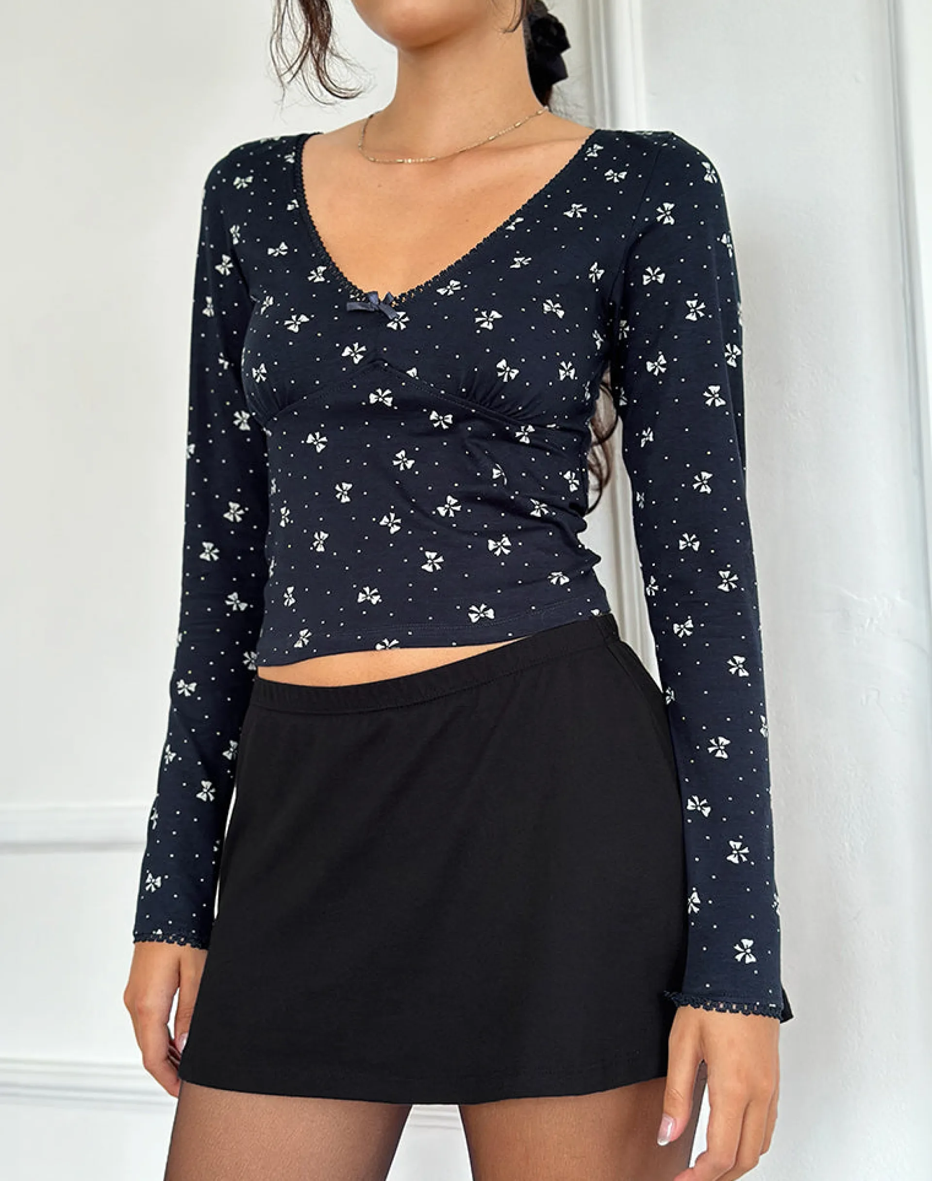 Motel Rocks Printed Tops | Long Sleeve Tops-Salisa Top in Navy with Mini Bow Design