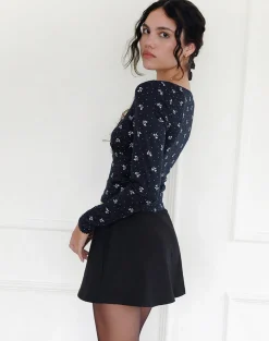Motel Rocks Printed Tops | Long Sleeve Tops-Salisa Top in Navy with Mini Bow Design