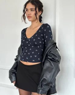 Motel Rocks Printed Tops | Long Sleeve Tops-Salisa Top in Navy with Mini Bow Design