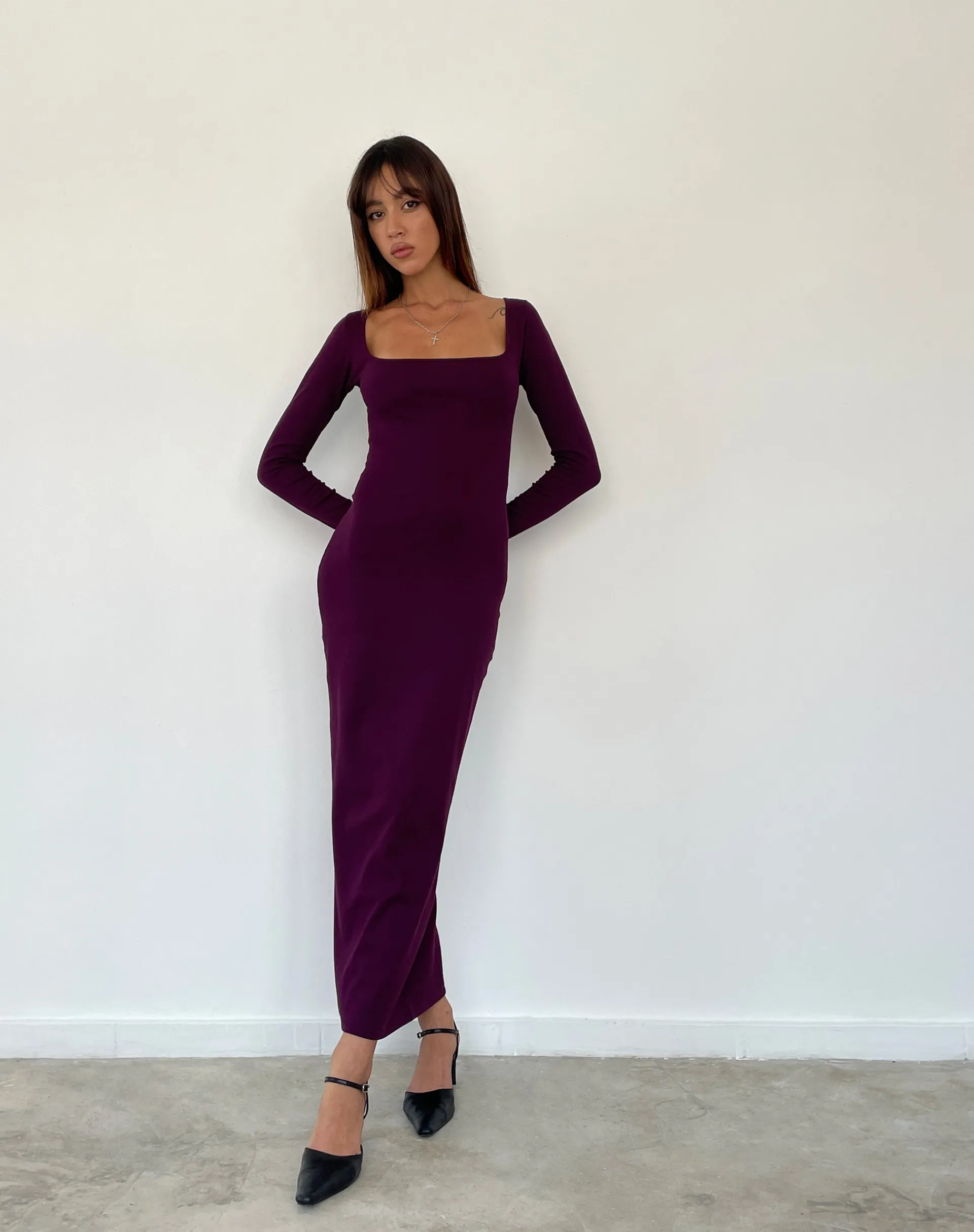 Motel Rocks Basics | Bodycon Dresses-SAMAIRA DRESS RIB AUBERGINE