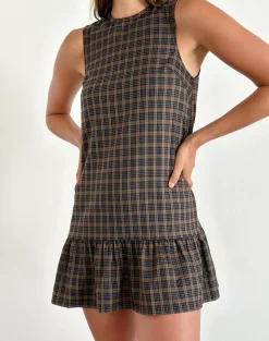 Motel Rocks Tailoring | Printed Dresses-Samana Babydoll Mini Dress in Check Dark Brown