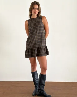 Motel Rocks Tailoring | Printed Dresses-Samana Babydoll Mini Dress in Check Dark Brown