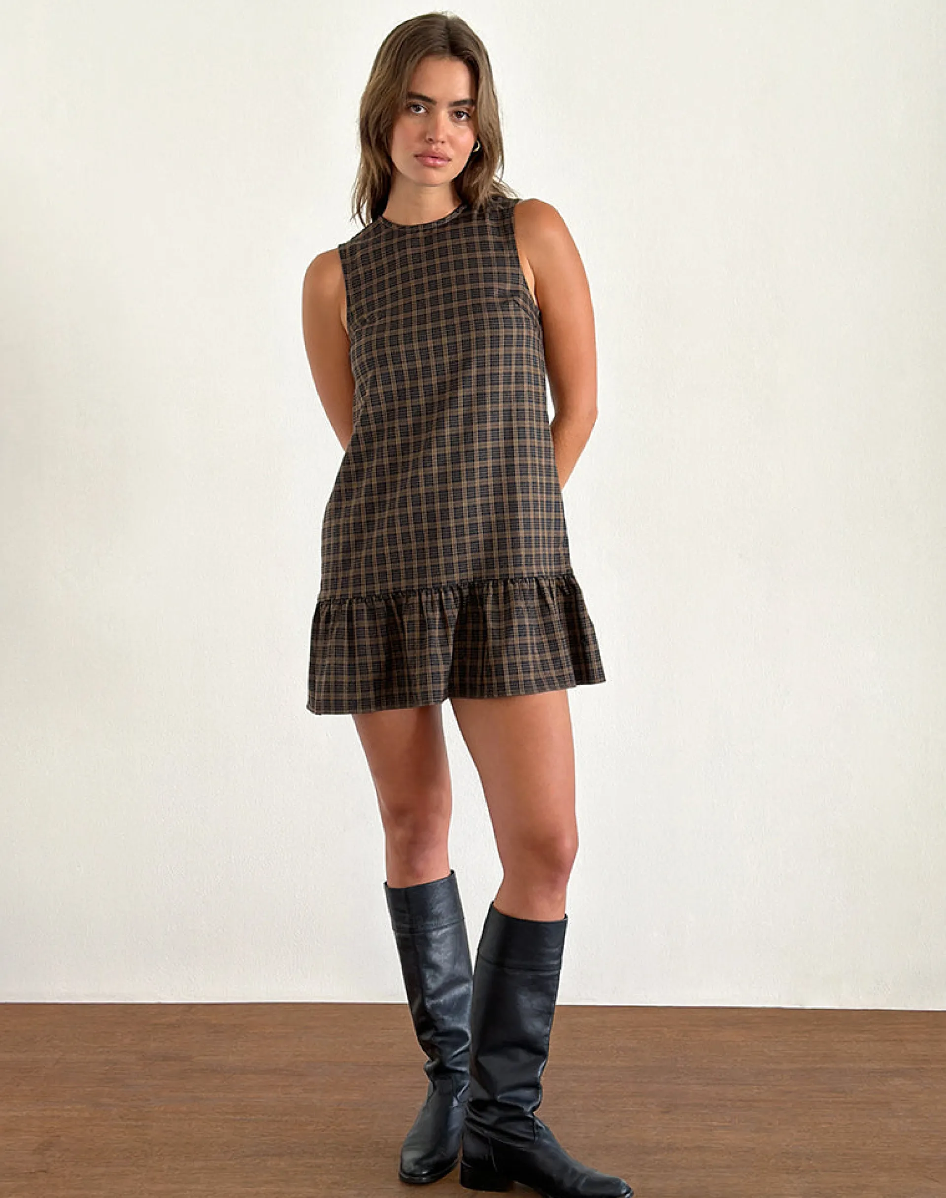 Motel Rocks Tailoring | Printed Dresses-Samana Babydoll Mini Dress in Check Dark Brown