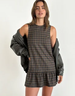Motel Rocks Tailoring | Printed Dresses-Samana Babydoll Mini Dress in Check Dark Brown