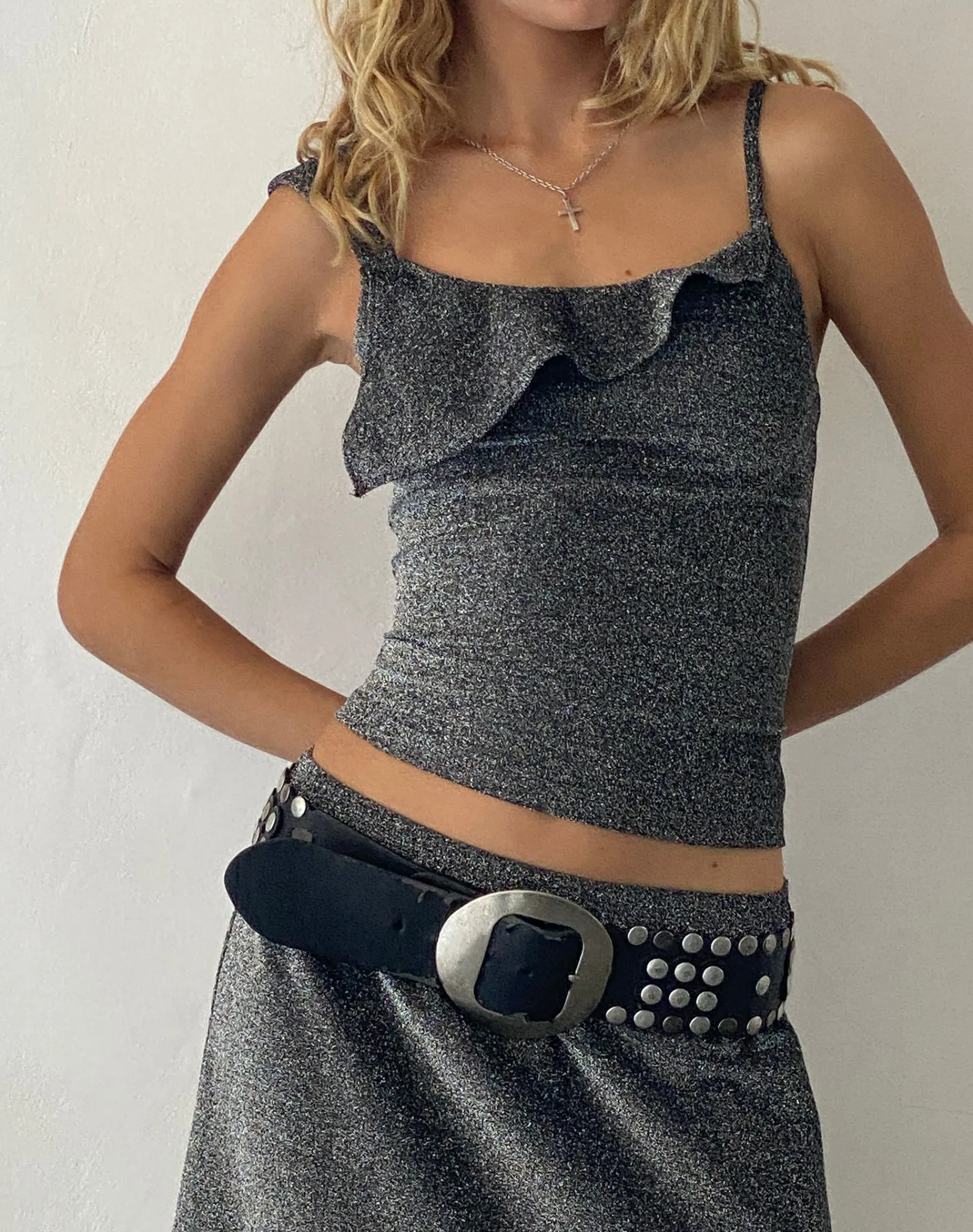 Motel Rocks Strappy Tops-Sambu Cami Top in Black Shimmer BlackShimmer