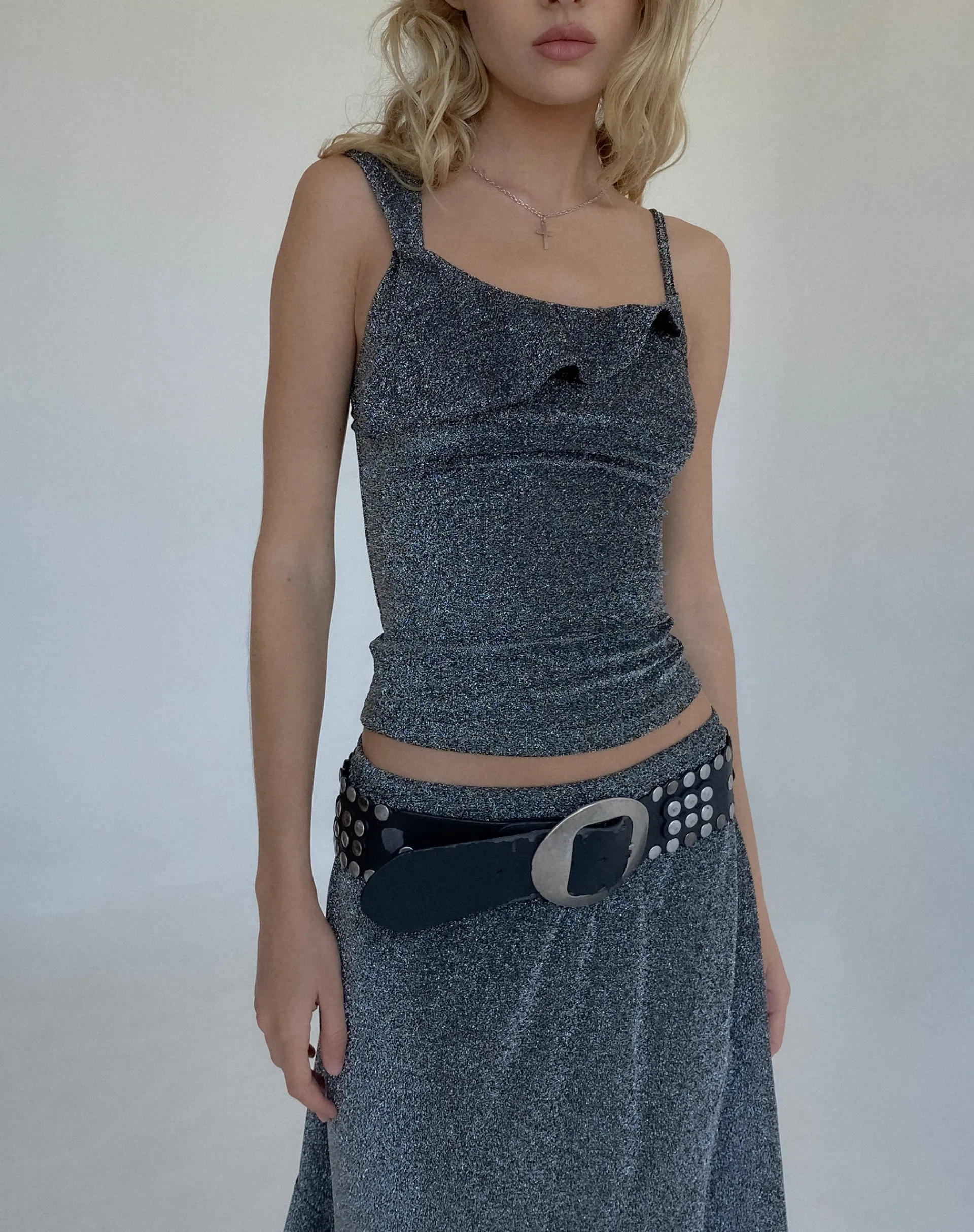 Motel Rocks Strappy Tops-Sambu Cami Top in Black Shimmer BlackShimmer