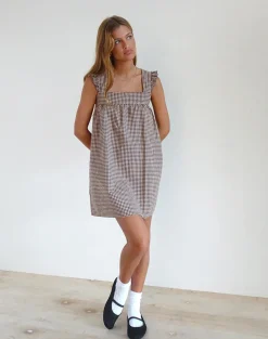 Motel Rocks Day Dresses | Printed Dresses-Sanaly Mini Dress in Mini Gingham Brown miniginghambrown