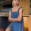 Motel Rocks Printed Dresses | Day Dresses-Sanaly Mini Dress in Navy Tartan Rami NavyTartanRami