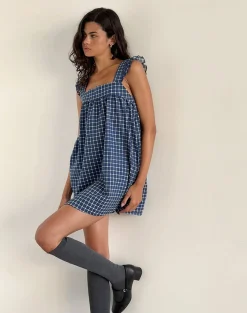 Motel Rocks Printed Dresses | Day Dresses-Sanaly Mini Dress in Navy Tartan Rami NavyTartanRami