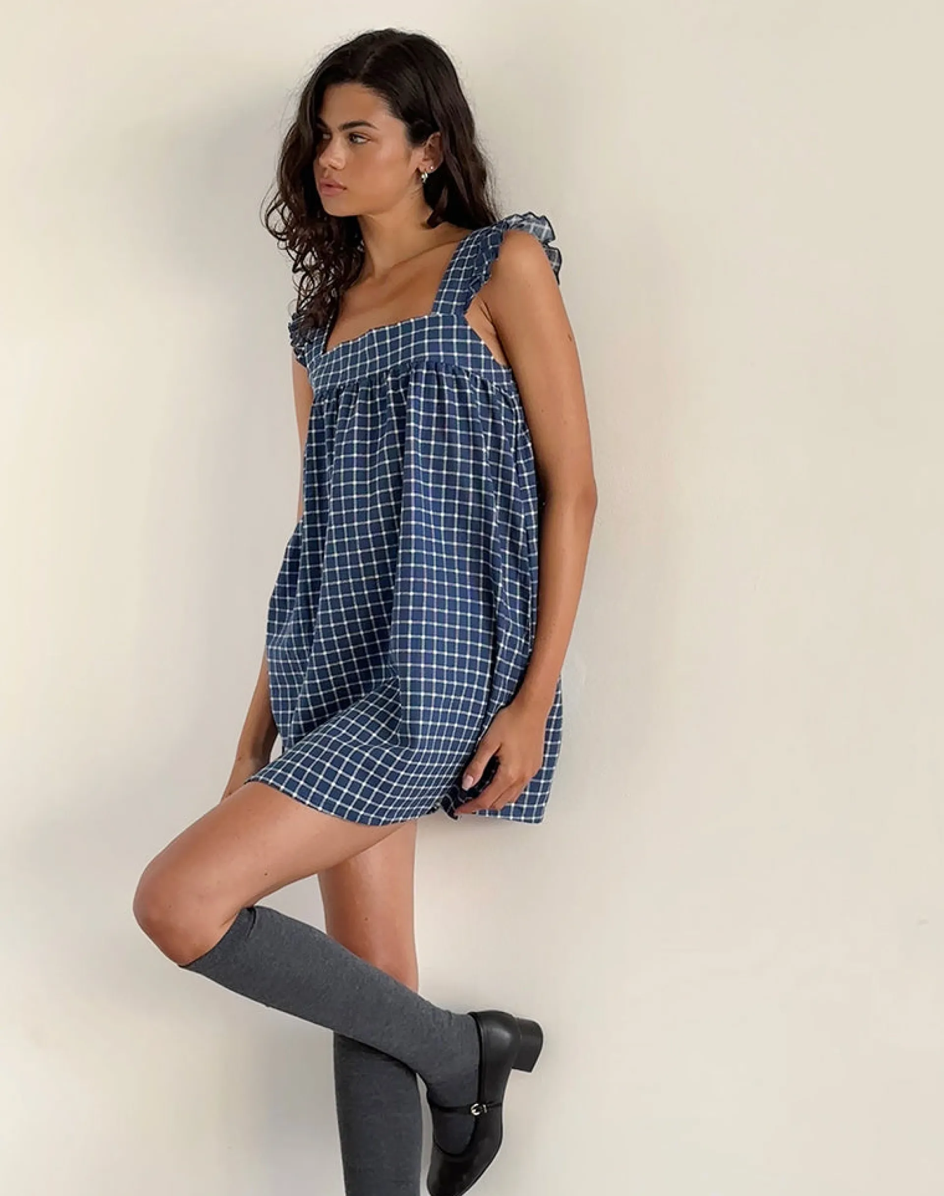 Motel Rocks Printed Dresses | Day Dresses-Sanaly Mini Dress in Navy Tartan Rami NavyTartanRami