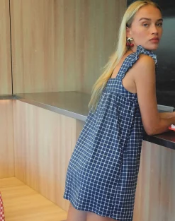 Motel Rocks Printed Dresses | Day Dresses-Sanaly Mini Dress in Navy Tartan Rami NavyTartanRami