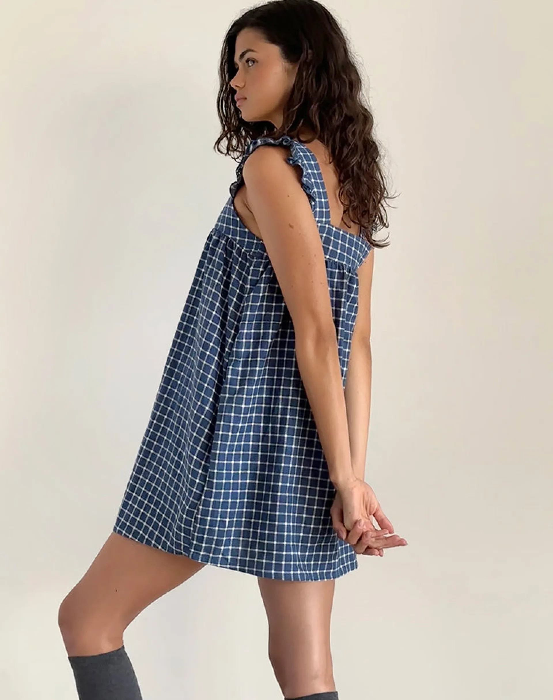 Motel Rocks Printed Dresses | Day Dresses-Sanaly Mini Dress in Navy Tartan Rami NavyTartanRami