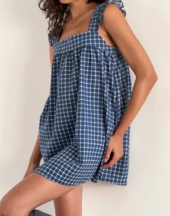 Motel Rocks Printed Dresses | Day Dresses-Sanaly Mini Dress in Navy Tartan Rami NavyTartanRami