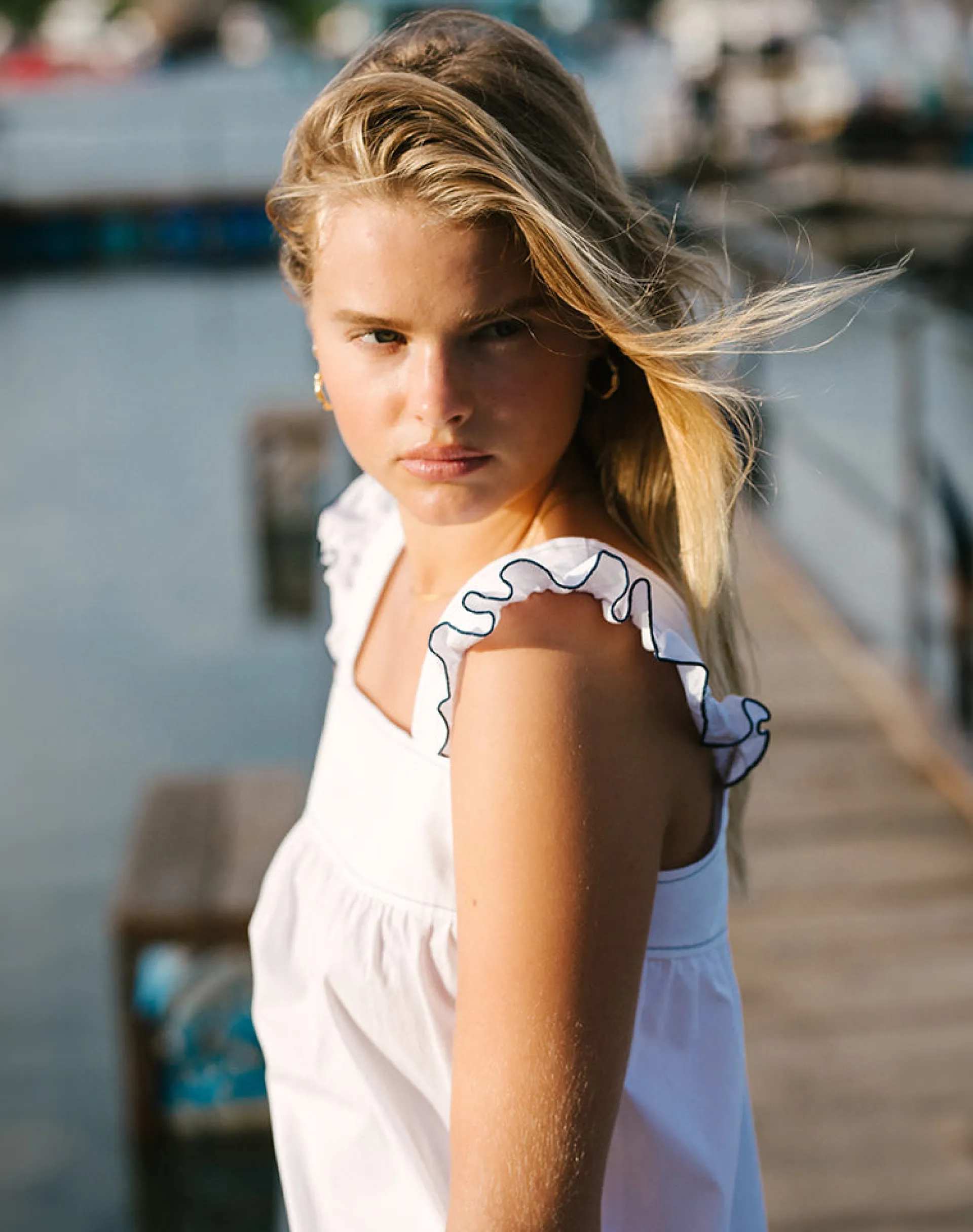 Motel Rocks Party Dresses | Mini Dresses-Sanaly Mini Dress in White with Navy Babylock WhitewithNavyBabylock