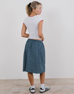 Motel Rocks A Line Skirts | Midi Skirts-Sanjina Midi Skirt in Mini Dark Blue Gingham