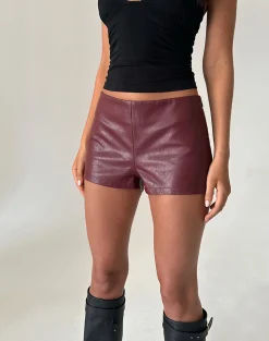 Motel Rocks Co-Ords-Sanne Hot Pants in PU Burgundy