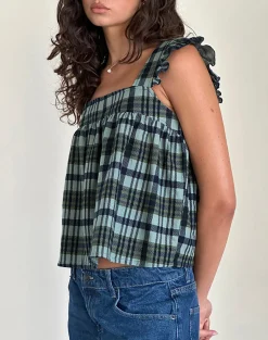 Motel Rocks Strappy Tops-Sanula Top in Linen Mono Check Green