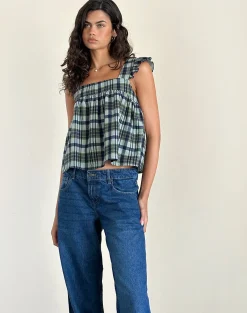 Motel Rocks Strappy Tops-Sanula Top in Linen Mono Check Green