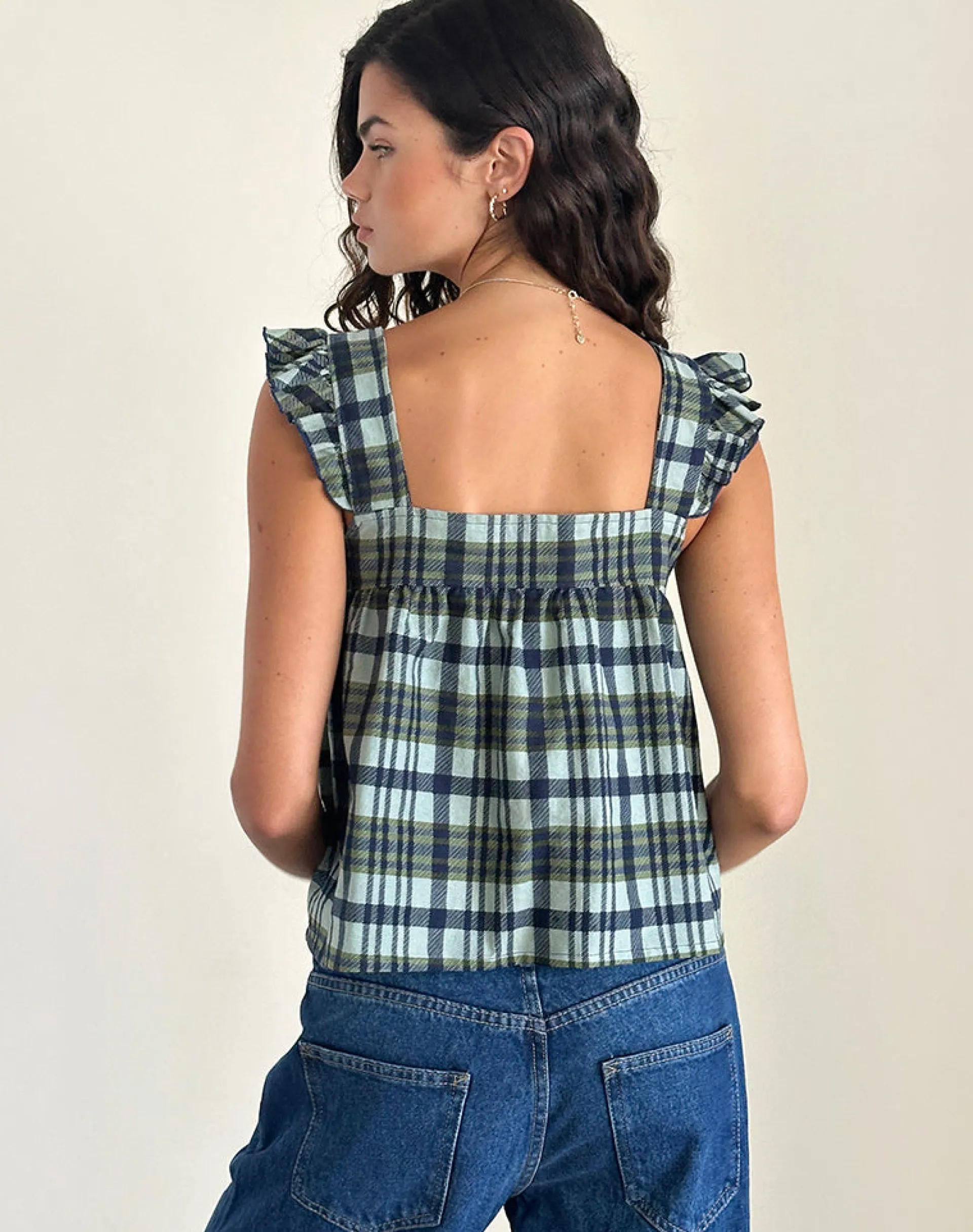 Motel Rocks Strappy Tops-Sanula Top in Linen Mono Check Green