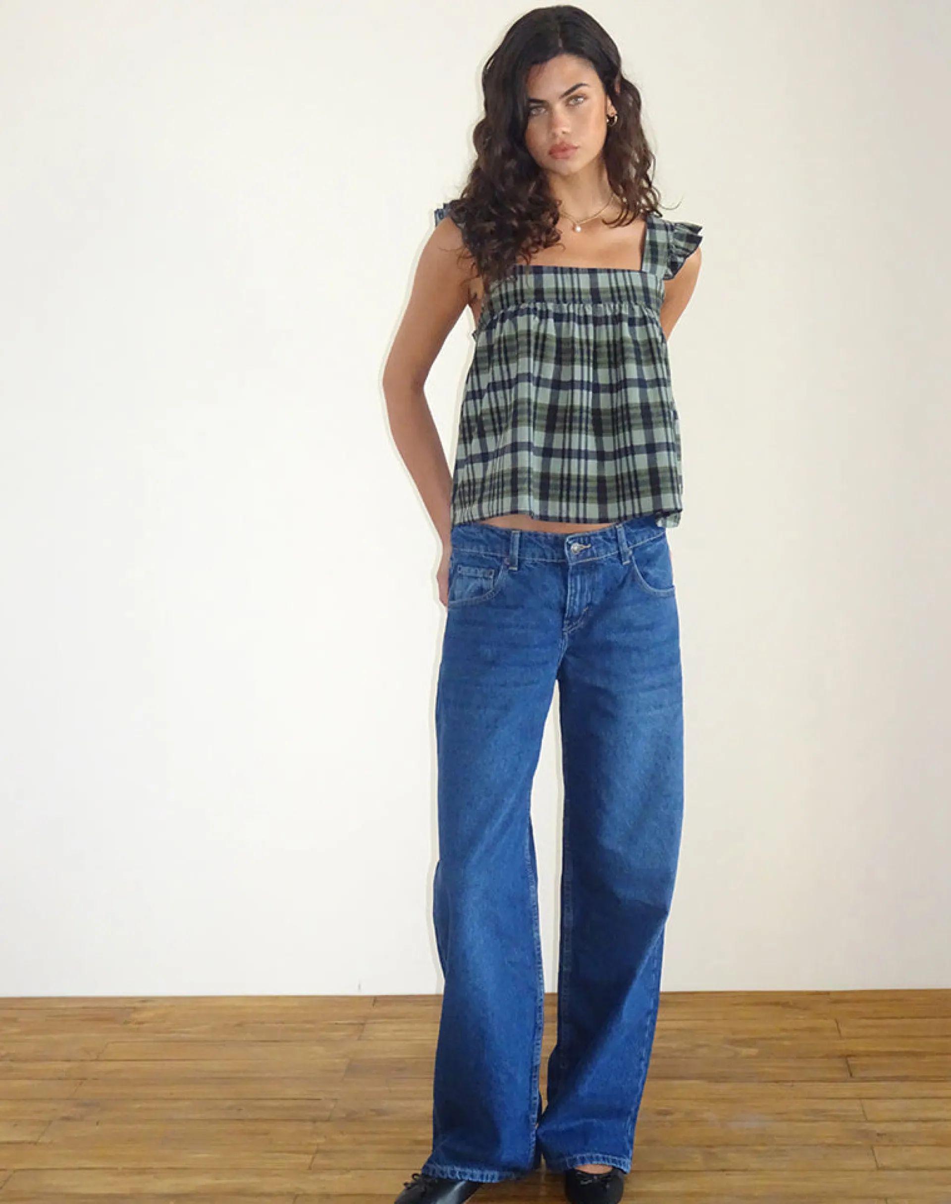 Motel Rocks Strappy Tops-Sanula Top in Linen Mono Check Green