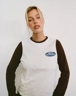 Motel Rocks Long Sleeve Tops-Sari Top in White and Chocolate Brown with She's Fantastic Motif