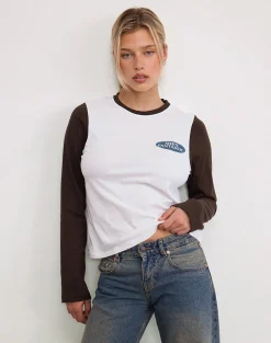 Motel Rocks Long Sleeve Tops-Sari Top in White and Chocolate Brown with She's Fantastic Motif
