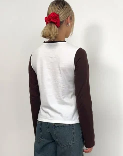Motel Rocks Long Sleeve Tops-Sari Top in White and Chocolate Brown with She's Fantastic Motif