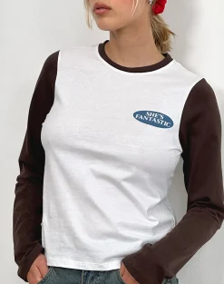 Motel Rocks Long Sleeve Tops-Sari Top in White and Chocolate Brown with She's Fantastic Motif