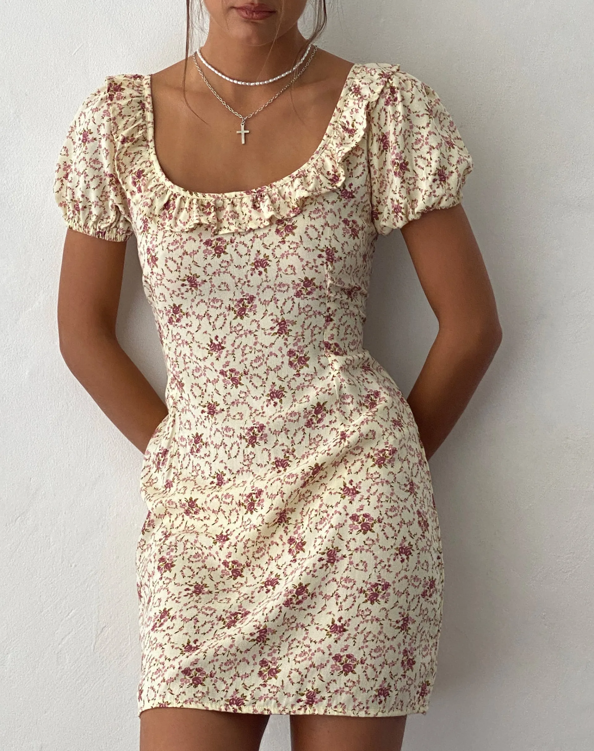 Motel Rocks Printed Dresses-Sasyana Mini Dress in Flower Chain Cream flowerchaincream
