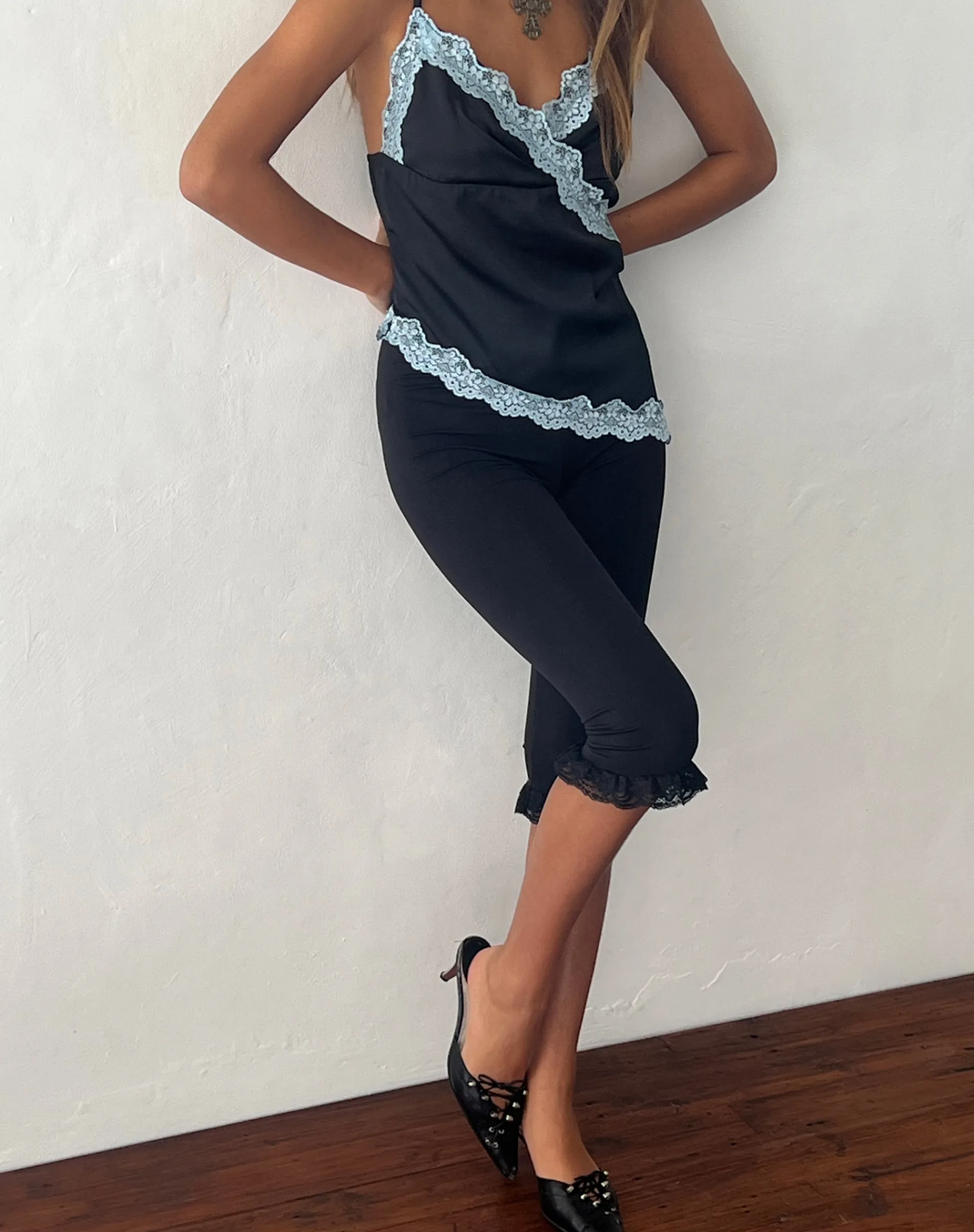 Motel Rocks Strappy Tops | Lace Tops-Satima Cami Top in Black with Blue Lace