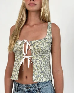 Motel Rocks Co-Ords | Printed Tops-Sauva Tie Front Top in Pretty Floral Light Sage