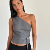 Motel Rocks Tailoring | Going Out Tops-Sayaka One Shoulder Top in Tailoring Charcoal