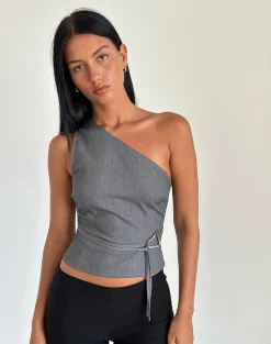 Motel Rocks Tailoring | Going Out Tops-Sayaka One Shoulder Top in Tailoring Charcoal