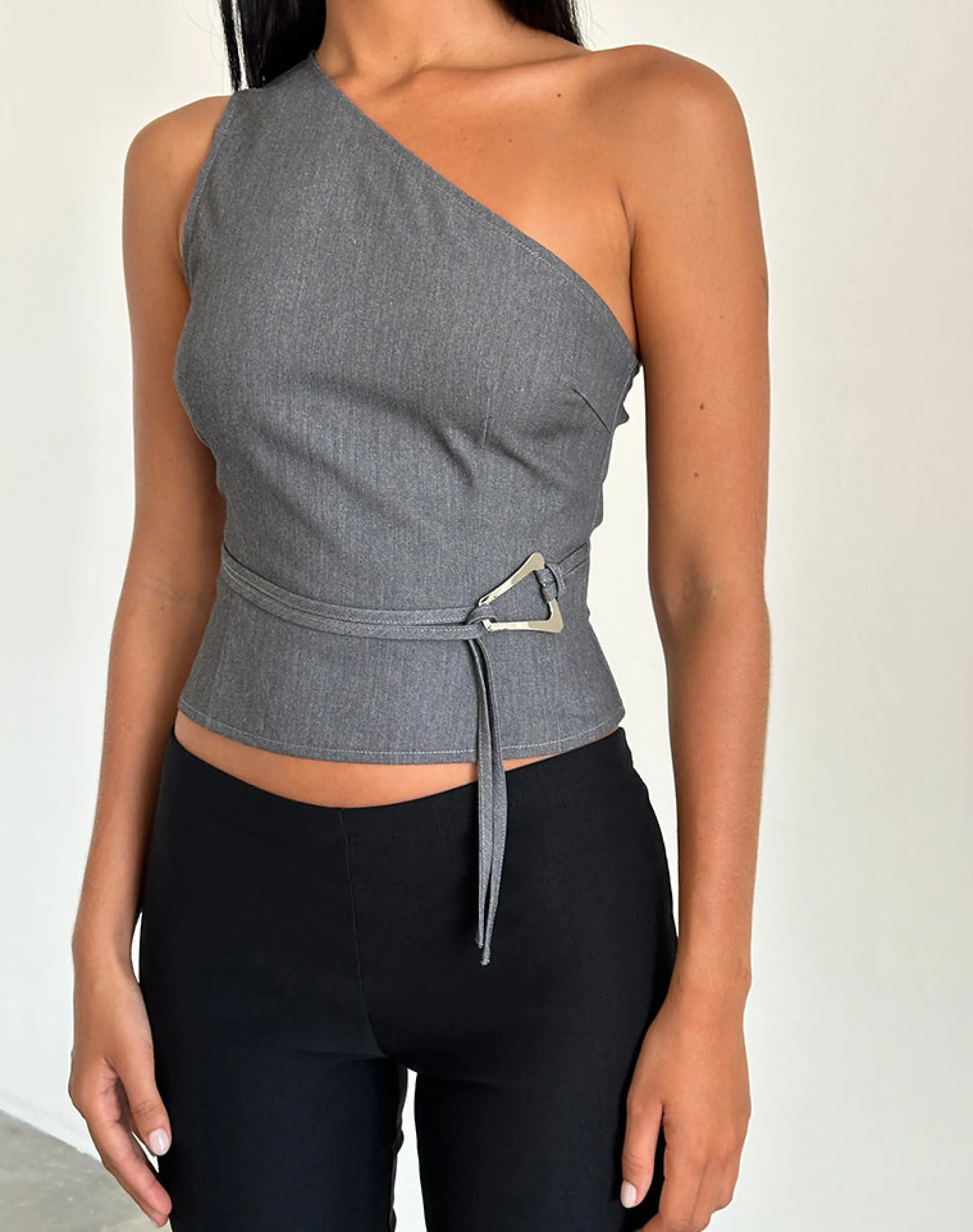 Motel Rocks Tailoring | Going Out Tops-Sayaka One Shoulder Top in Tailoring Charcoal