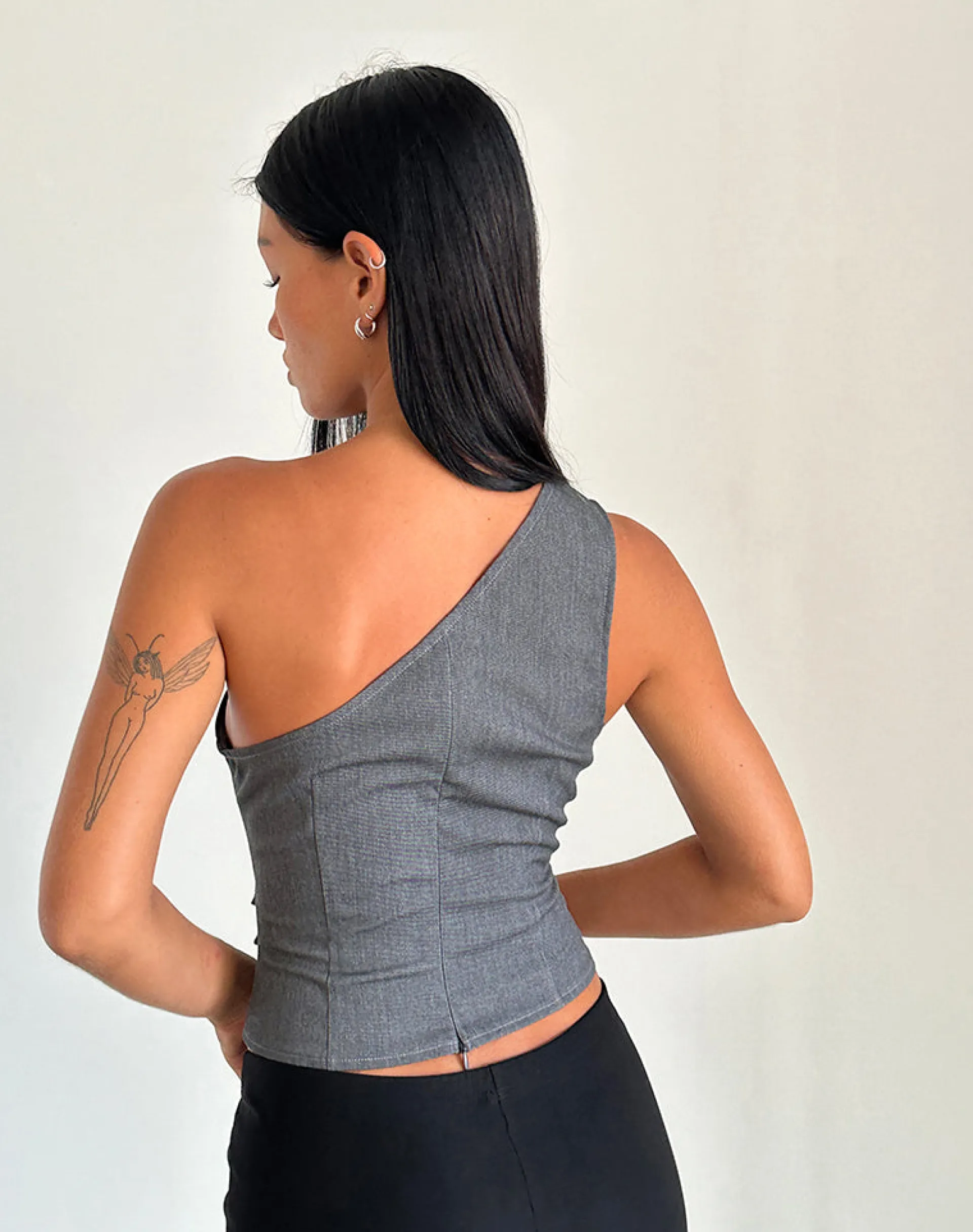 Motel Rocks Tailoring | Going Out Tops-Sayaka One Shoulder Top in Tailoring Charcoal