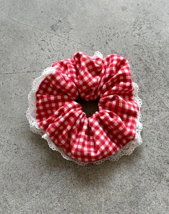 Motel Rocks Accessories-Scrunchie in Red Gingham with Lace RedGinghamwithLace