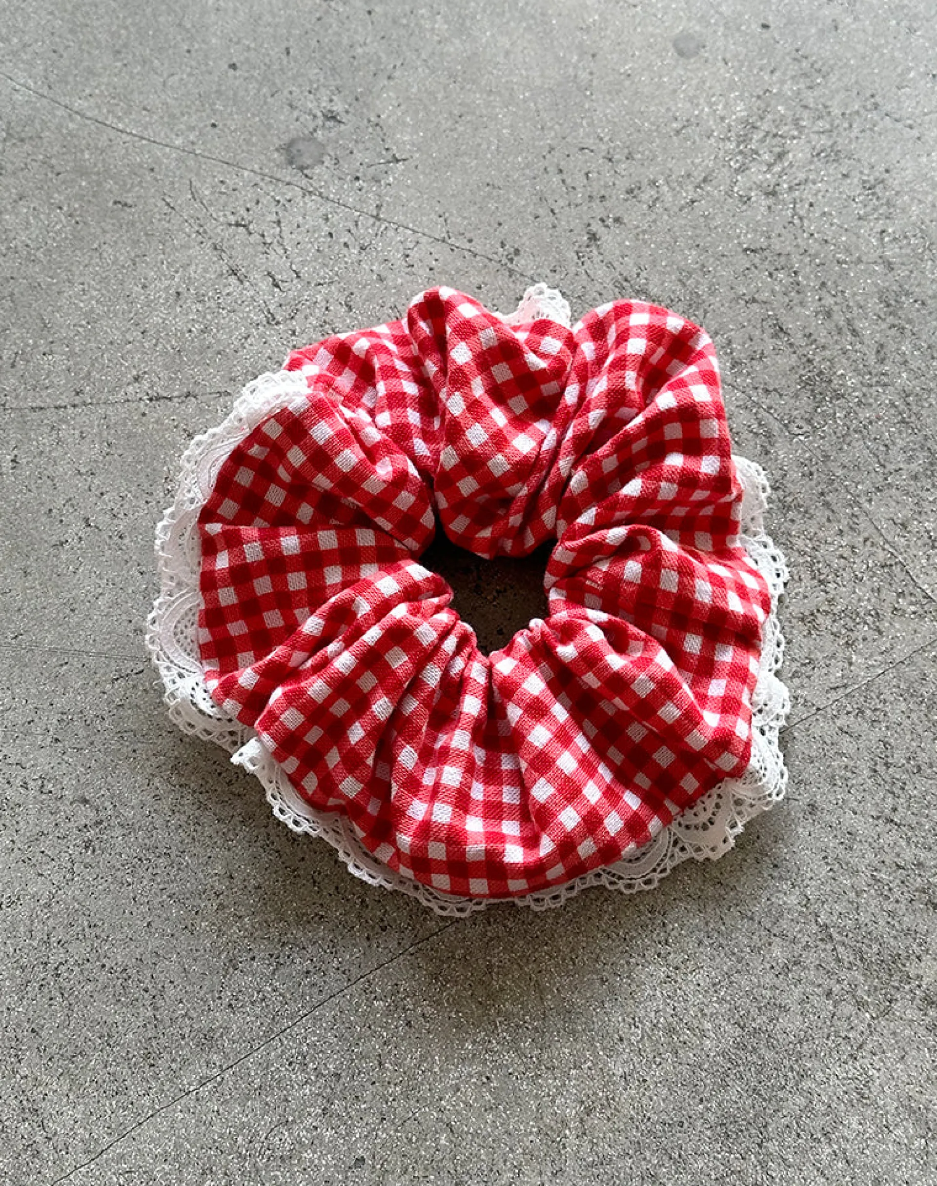 Motel Rocks Accessories-Scrunchie in Red Gingham with Lace RedGinghamwithLace