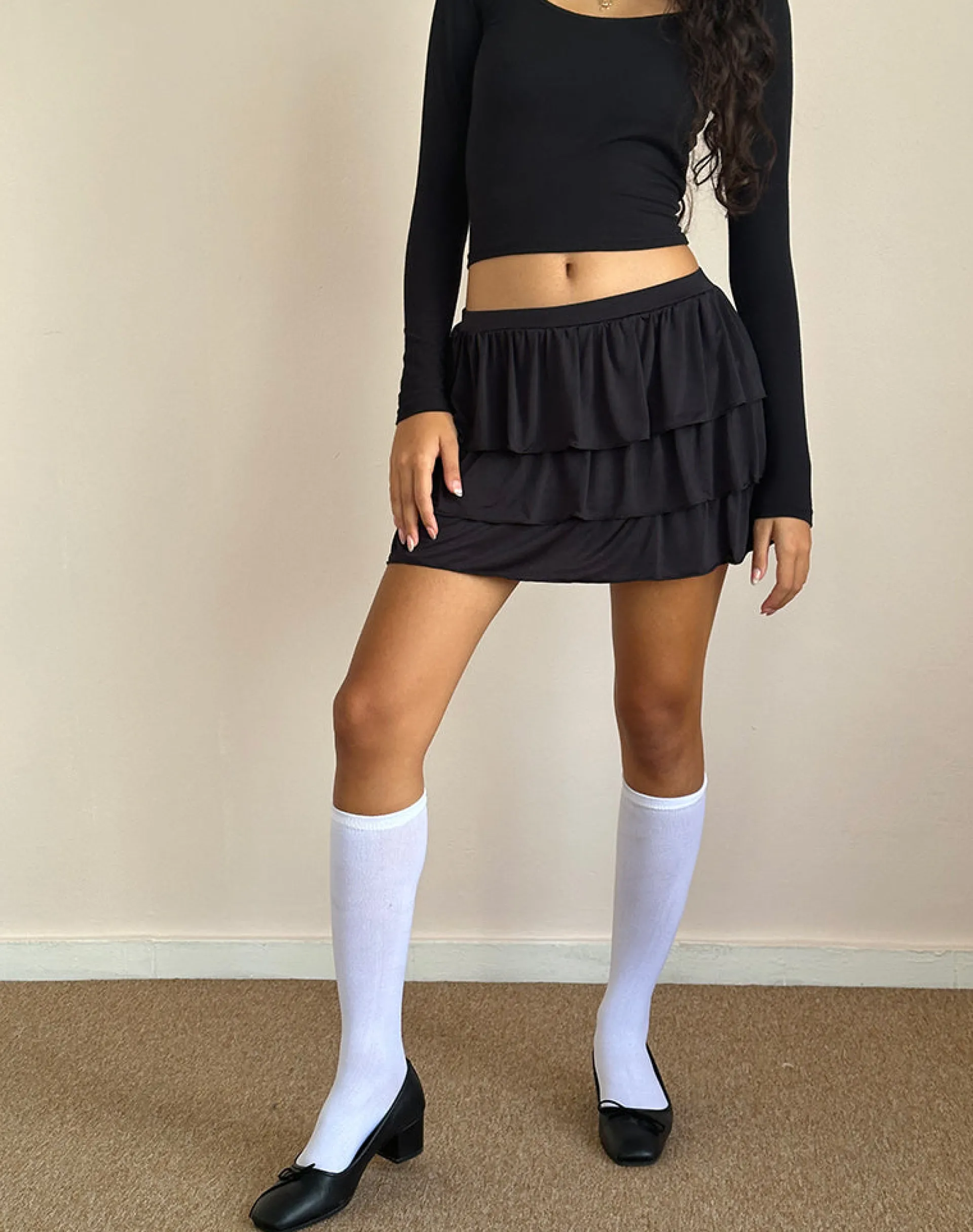 Motel Rocks A Line Skirts | Mini Skirts-Sefone Tiered Mini Skirt in Slinky Black