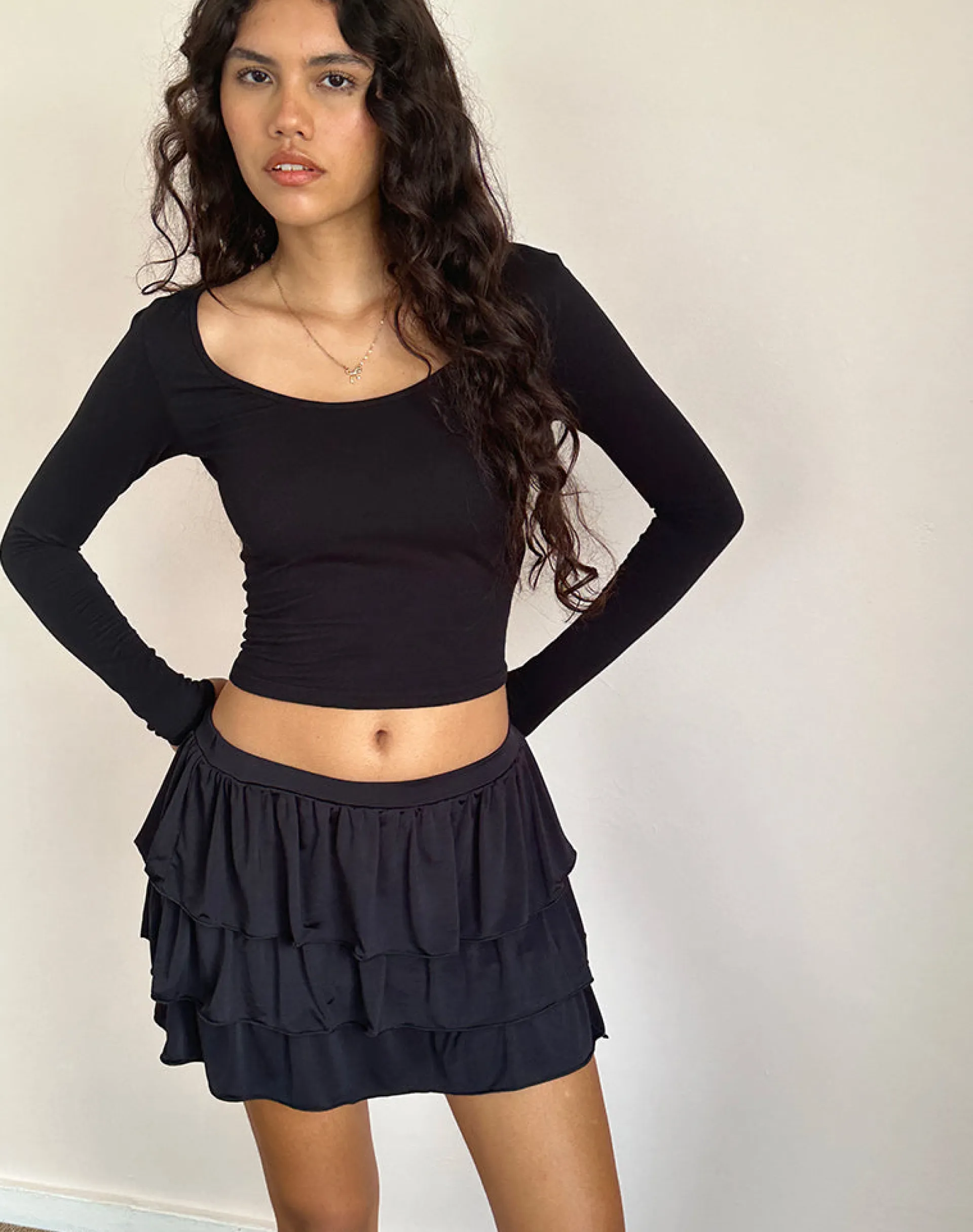 Motel Rocks A Line Skirts | Mini Skirts-Sefone Tiered Mini Skirt in Slinky Black