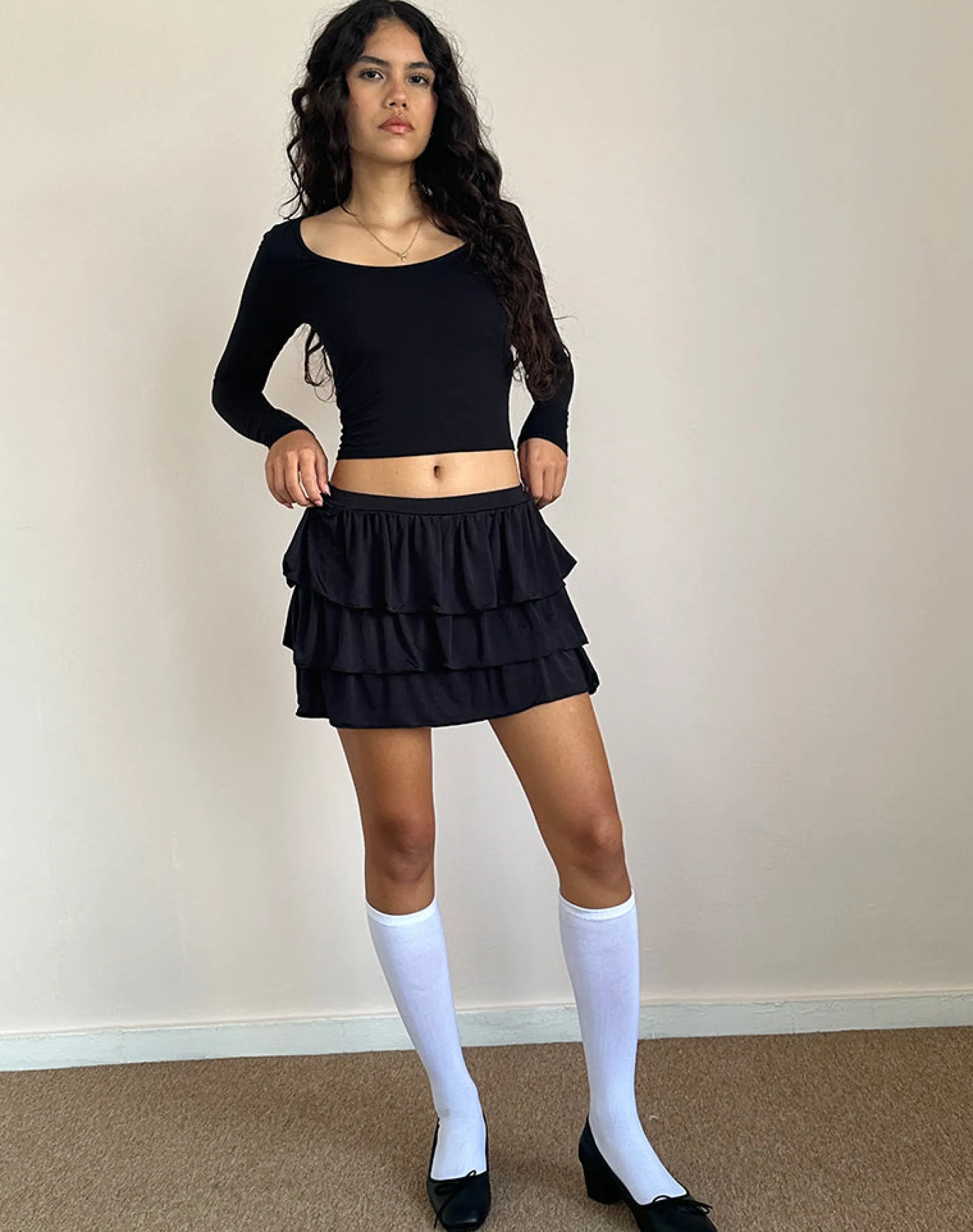 Motel Rocks A Line Skirts | Mini Skirts-Sefone Tiered Mini Skirt in Slinky Black
