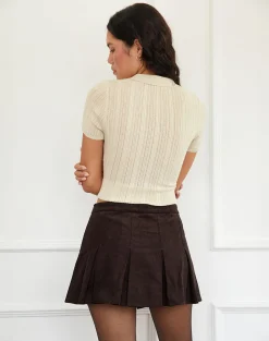 Motel Rocks Pleated Skirts | Mini Skirts-Sejuani Cord Mini Skirt in Bitter Chocolate Brown